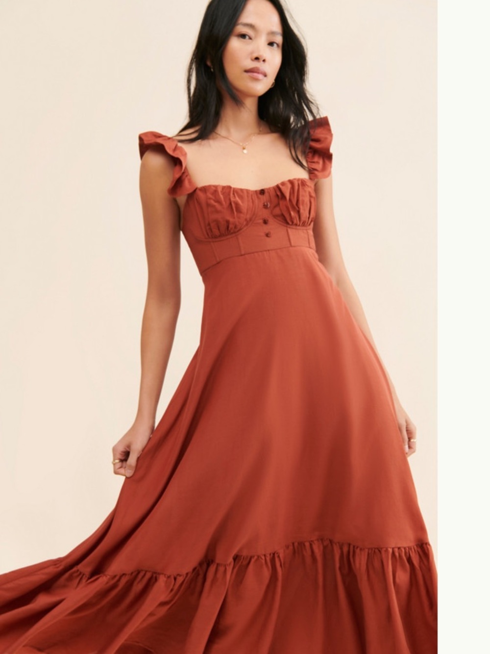 Farm Rio Ruffle-Sleeve Rust Midi Dress - Picture 4 of 14